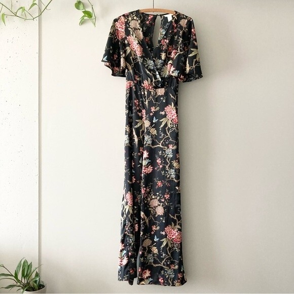 H&M Jumpsuit Black Botanical Floral Bird Chinoiserie Flutter Sleeve 0 - Picture 5 of 5